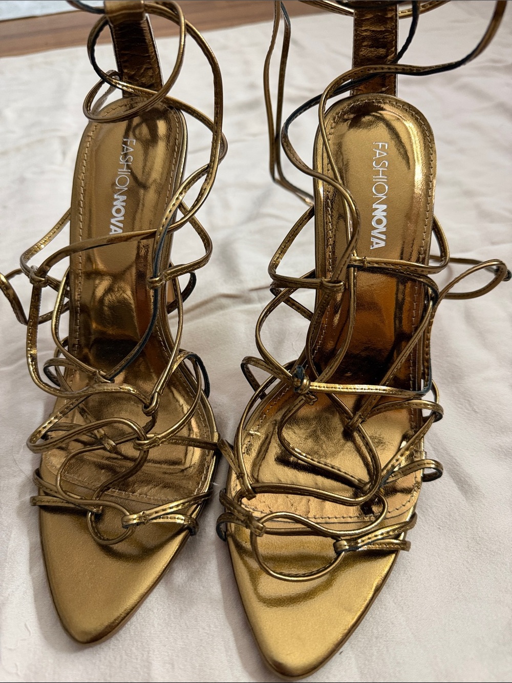 Fashion Nova Metallic Gold Lace-Up Strappy Heels